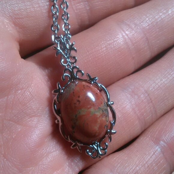 Unakite Silvertone Pendant Stainless Steel Necklace - Picture 2 of 12